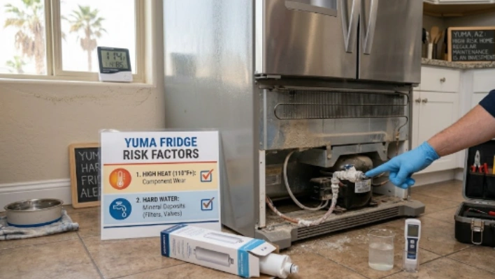A technician pointing to hard water mineral deposits on the back of a refrigerator, explaining why a fridge leaking water is common in high heat zones.