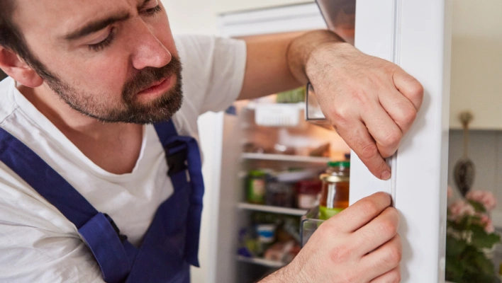 An appliance technician inspecting and fixing a flexible rubber gasket on a refrigerator door not sealing.