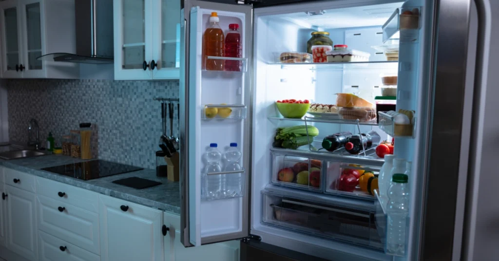 An open refrigerator full of fresh food and drinks in a modern kitchen, showing where the ice maker is located.