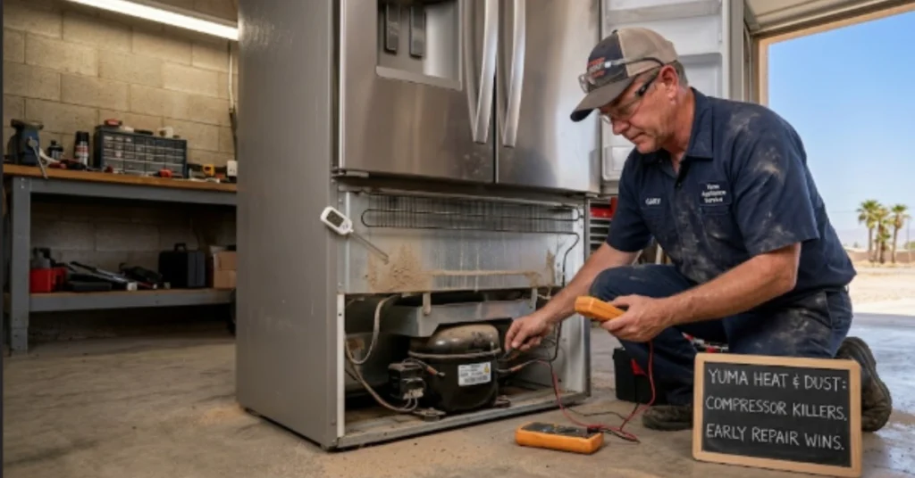 Professional technician providing refrigerator compressor repair services in Yuma AZ due to dust and extreme heat.